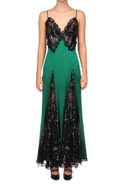 Green Silk Satin And Black Sequin Dress With Godet And Lace Ruffle