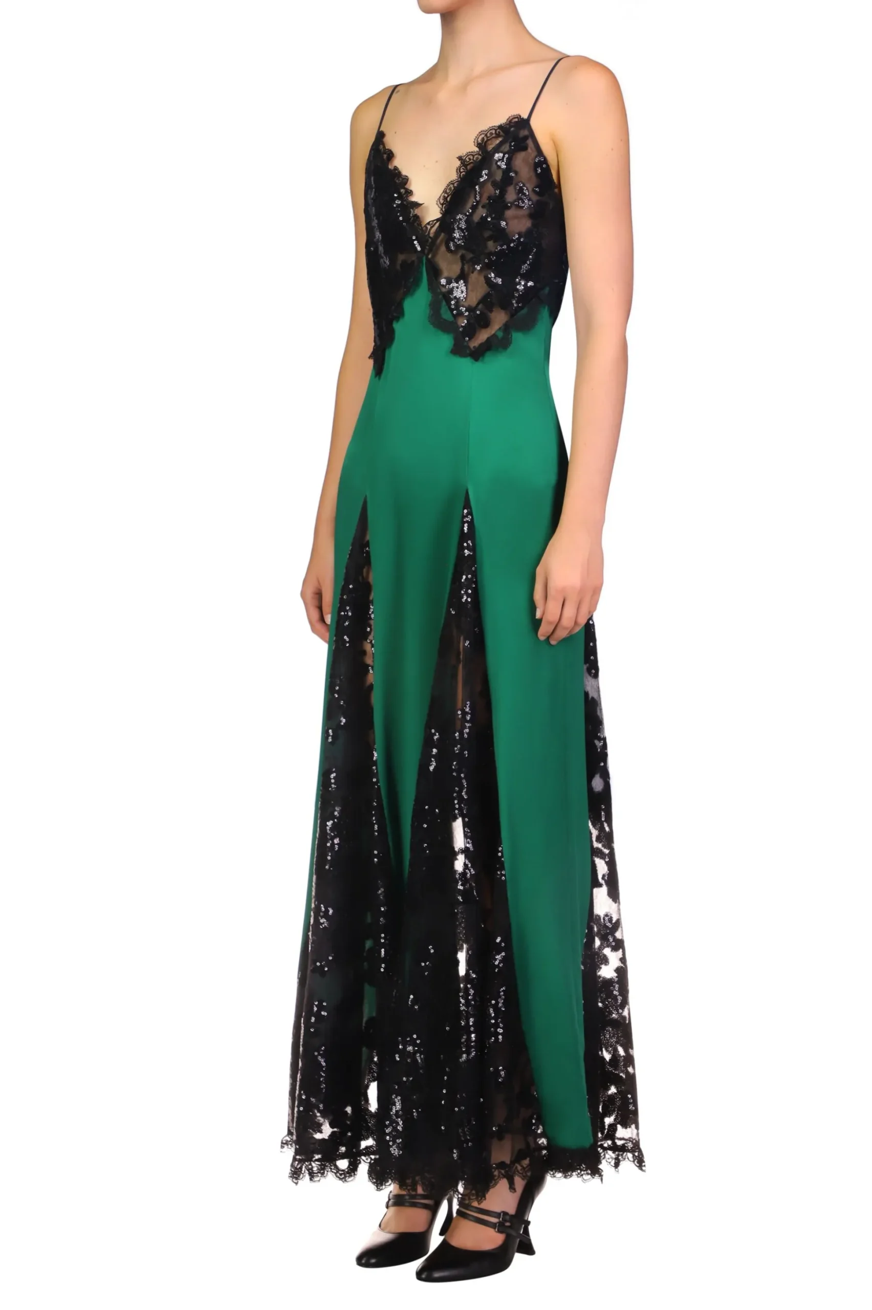 Green Silk Satin And Black Sequin Dress With Godet And Lace Ruffle