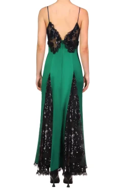 Green Silk Satin And Black Sequin Dress With Godet And Lace Ruffle