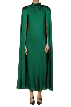 Green Silk Satin Cape Dress