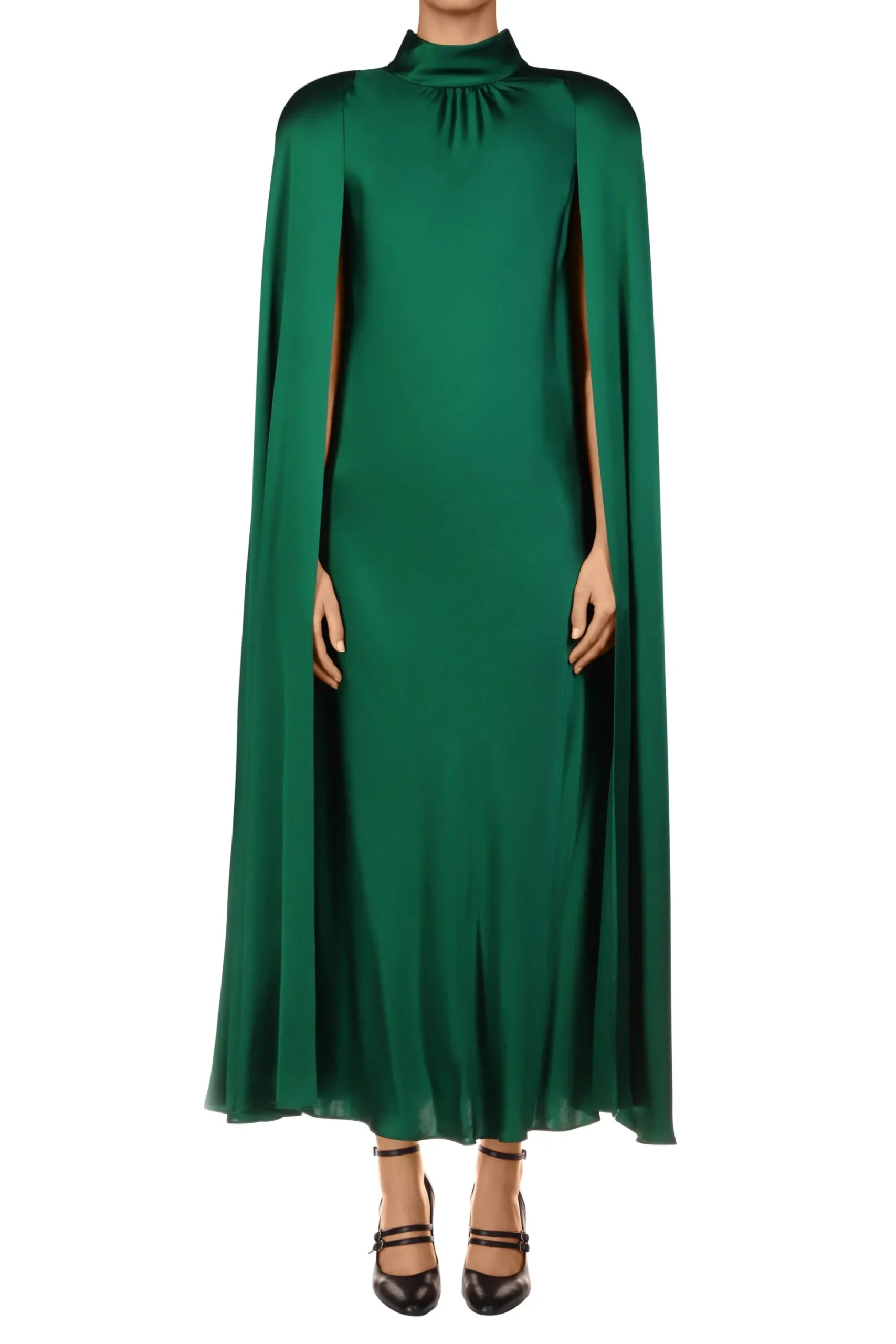 Green Silk Satin Cape Dress