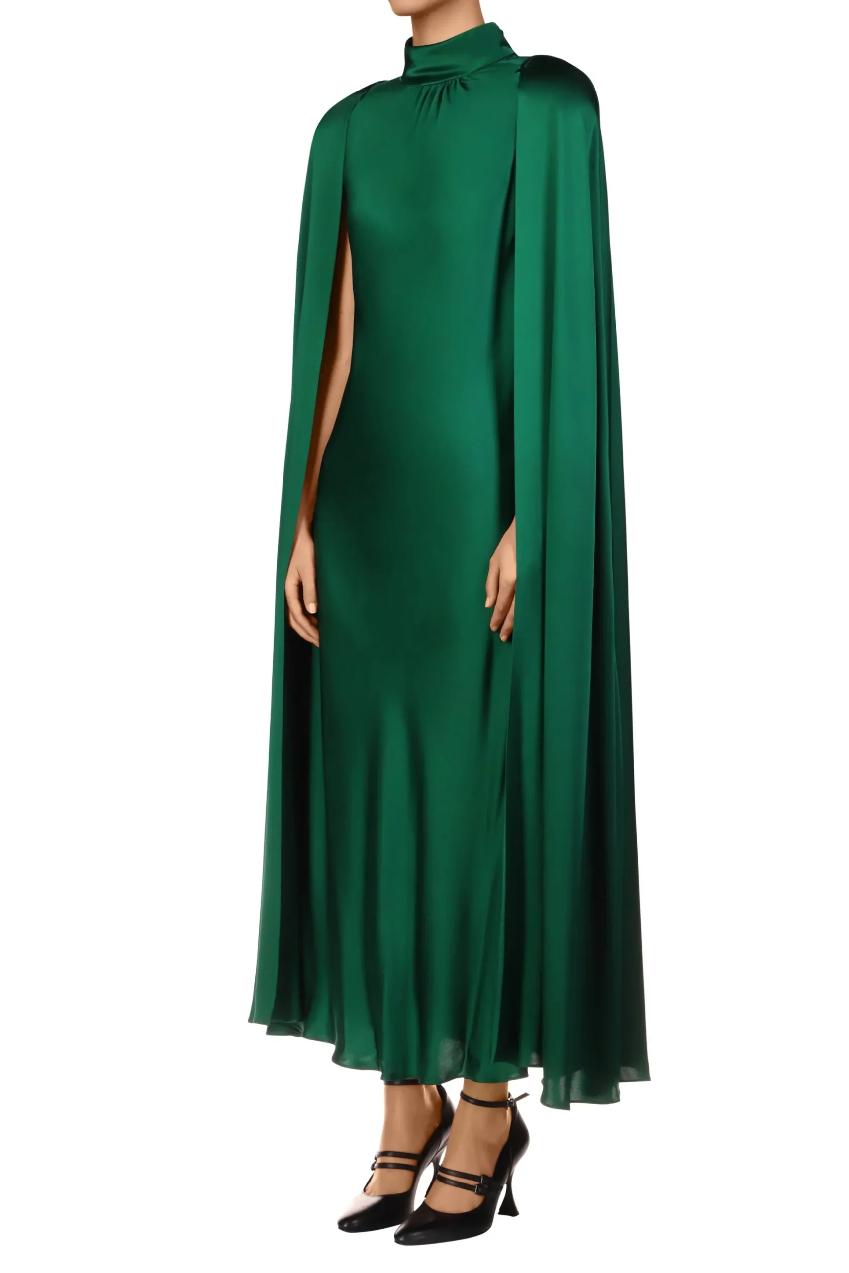 Green Silk Satin Cape Dress
