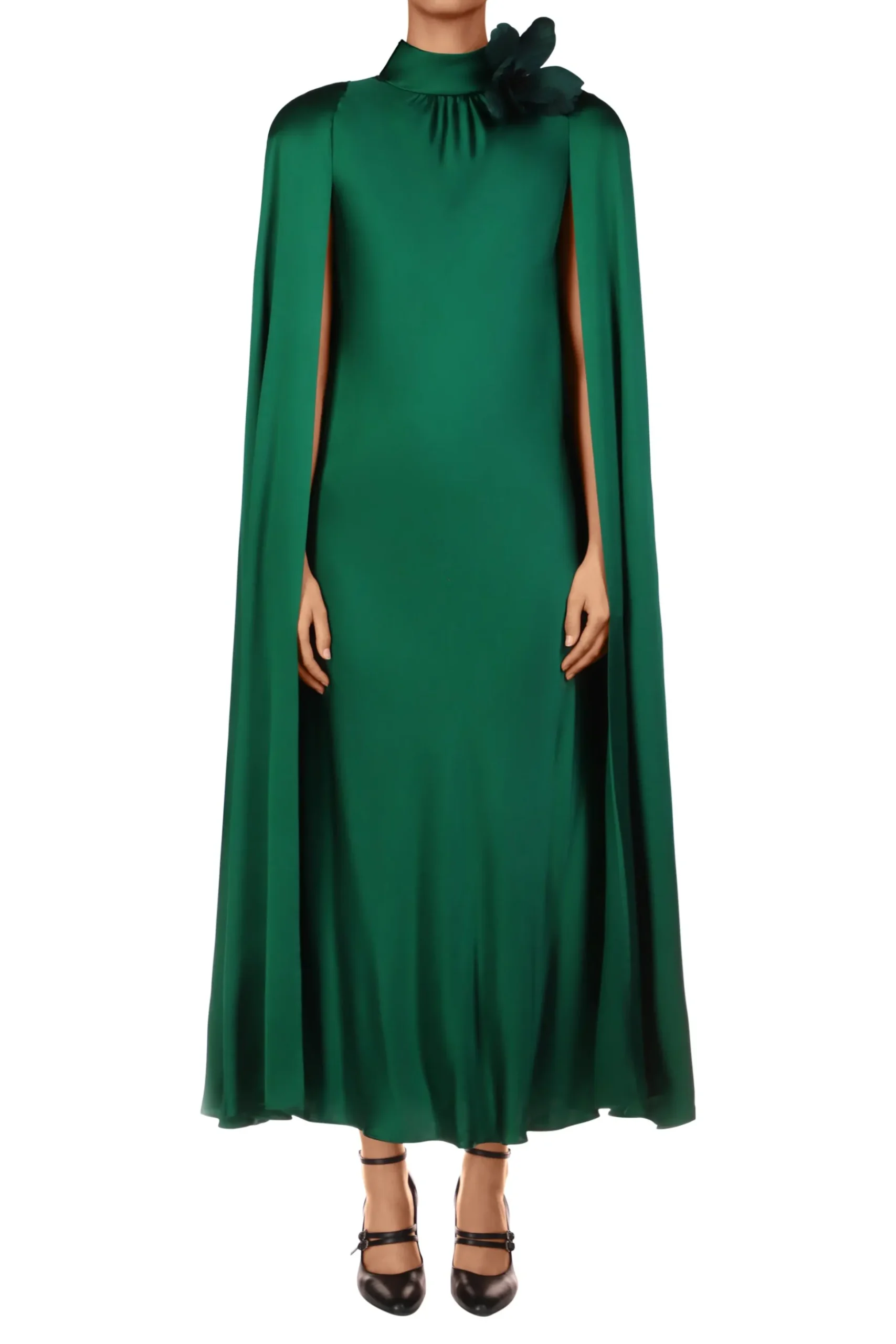Green Silk Satin Cape Dress With Flower