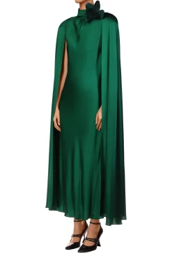 Green Silk Satin Cape Dress With Flower