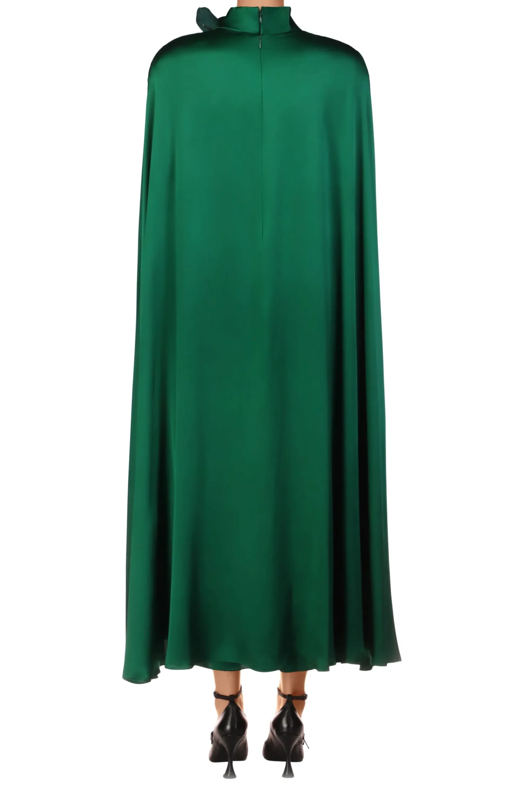 Green Silk Satin Cape Dress With Flower