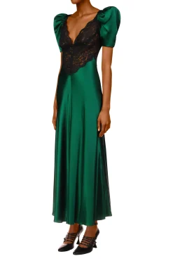 Green Silk Short Sleeve Dress With Black Lace Details