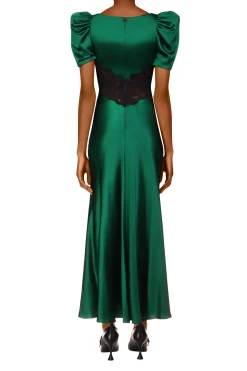 Green Silk Short Sleeve Dress With Black Lace Details