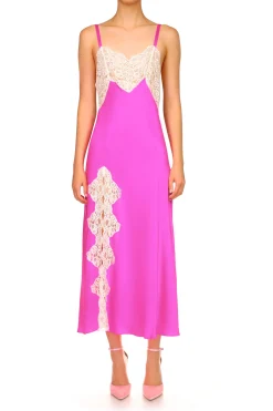 Hot Pink Silk Satin And Lace Bias Slip Dress