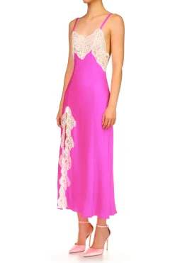 Hot Pink Silk Satin And Lace Bias Slip Dress