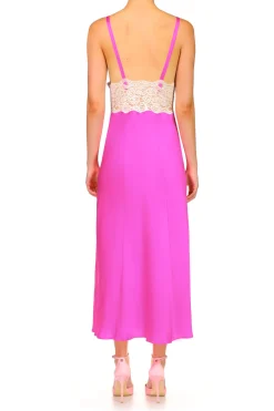 Hot Pink Silk Satin And Lace Bias Slip Dress