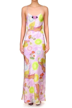 Lavender Cloud And Fairy Printed Silk Satin Bias Slip Dress