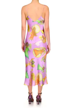 Lavender Fairy Printed Silk Satin Bias Slip Dress