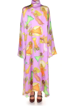 Lavender Fairy Printed Silk Satin Tunic Dress