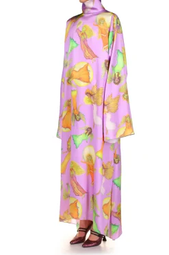 Lavender Fairy Printed Silk Satin Tunic Dress