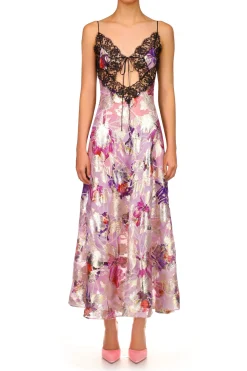 Lavender Floral Bias Dress With Black Lace