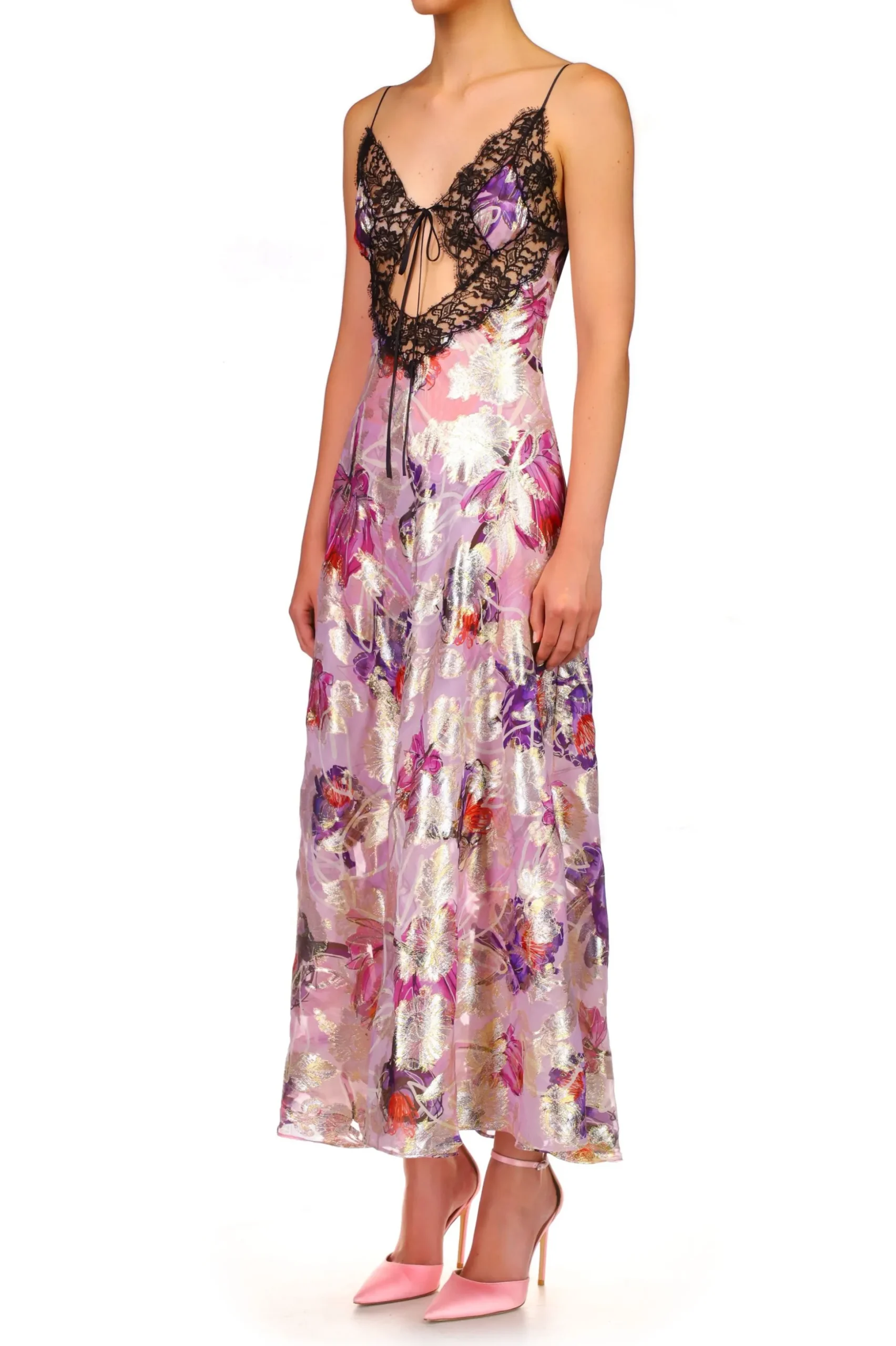 Lavender Floral Bias Dress With Black Lace