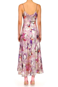 Lavender Floral Bias Dress With Black Lace