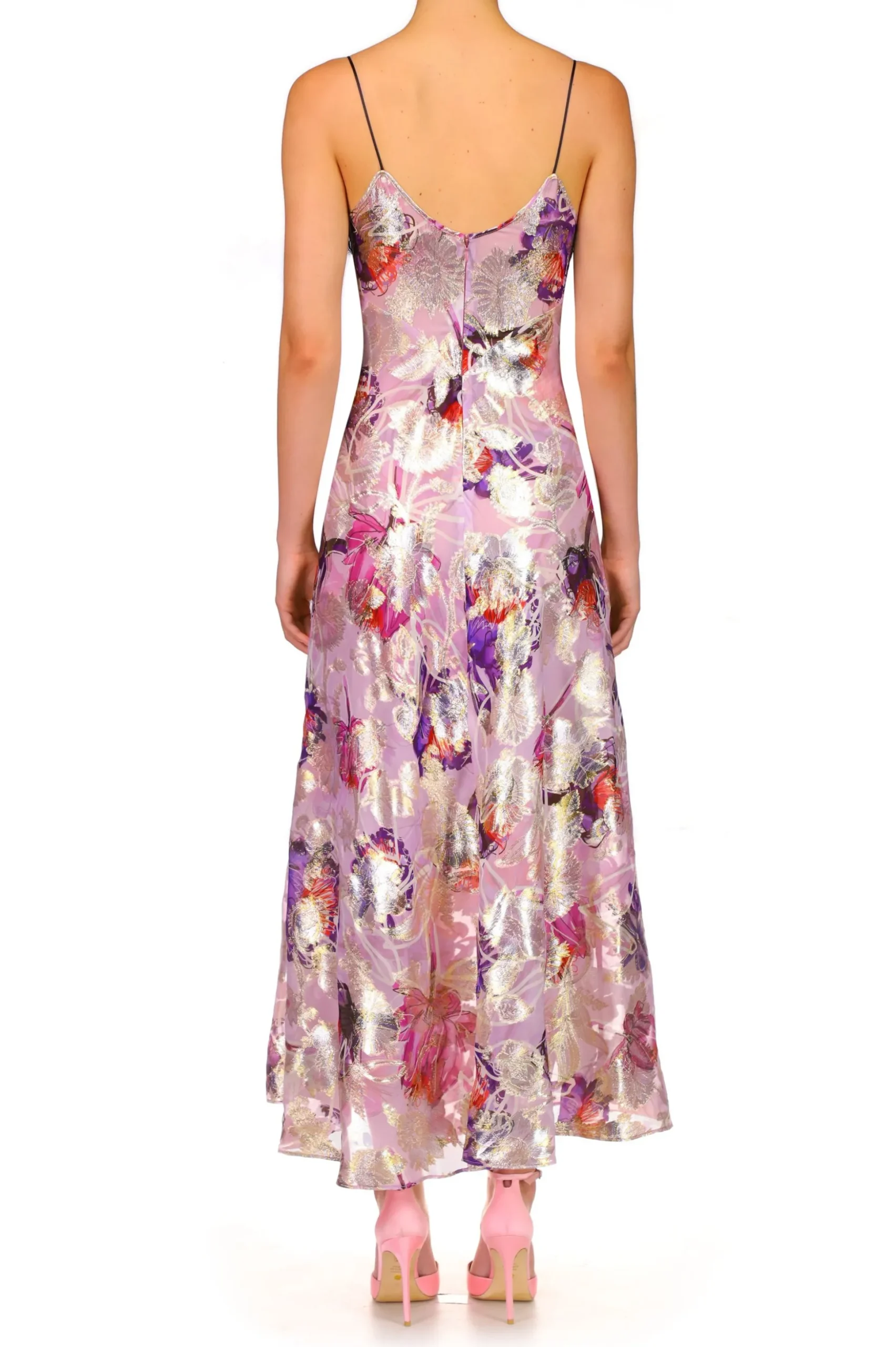 Lavender Floral Bias Dress With Black Lace