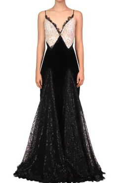 Metallic Black And White Lace And Velvet Gown With Lace Godets
