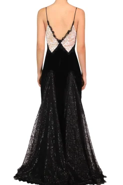 Metallic Black And White Lace And Velvet Gown With Lace Godets