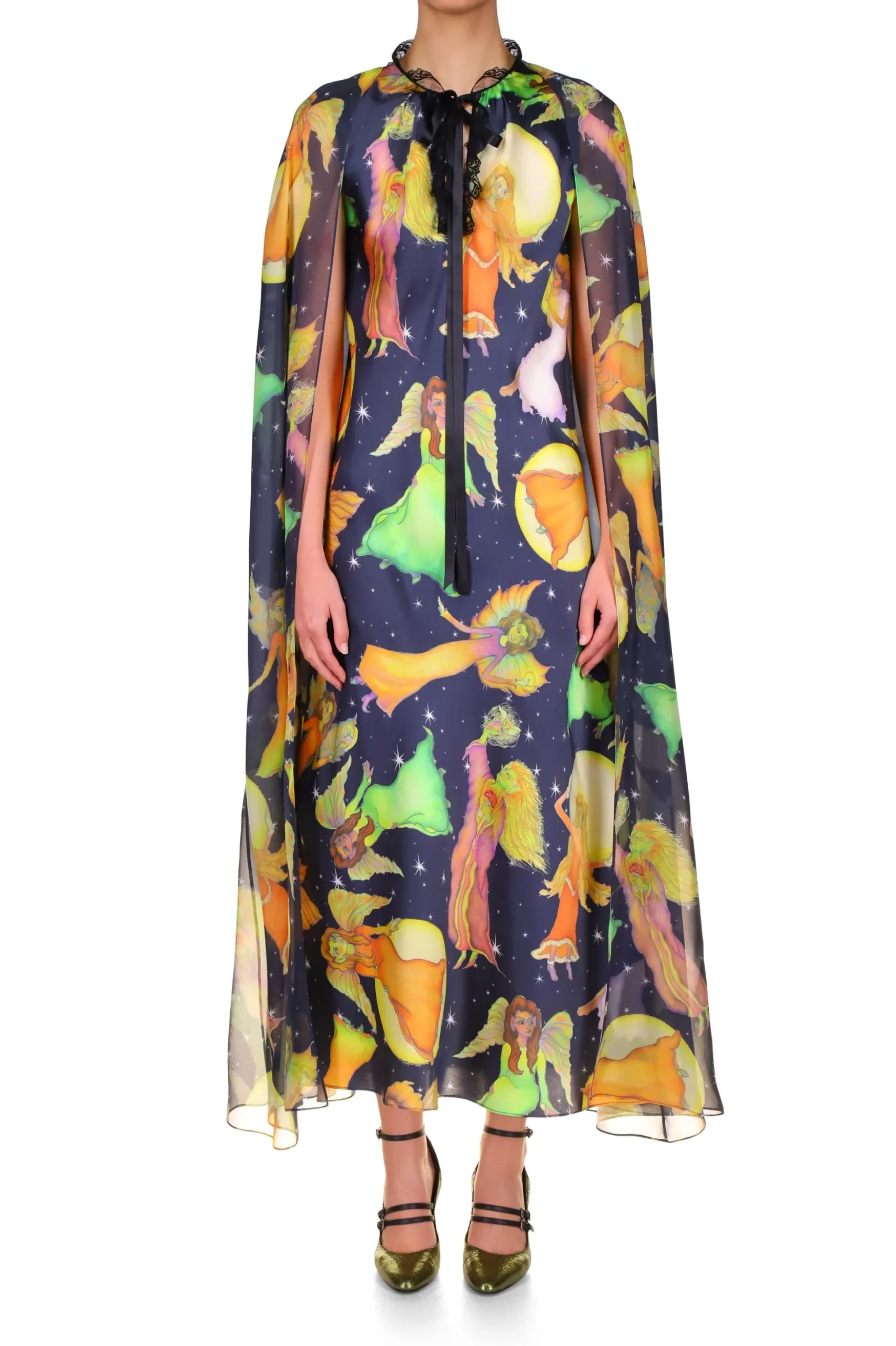 Midnight Fairy Printed Silk Chiffon And Satin Cape Dress