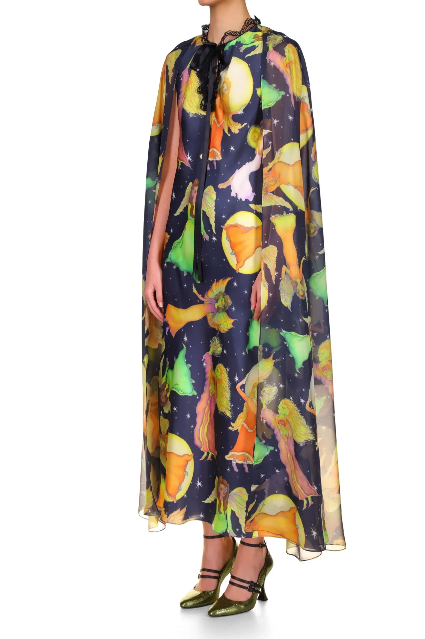 Midnight Fairy Printed Silk Chiffon And Satin Cape Dress