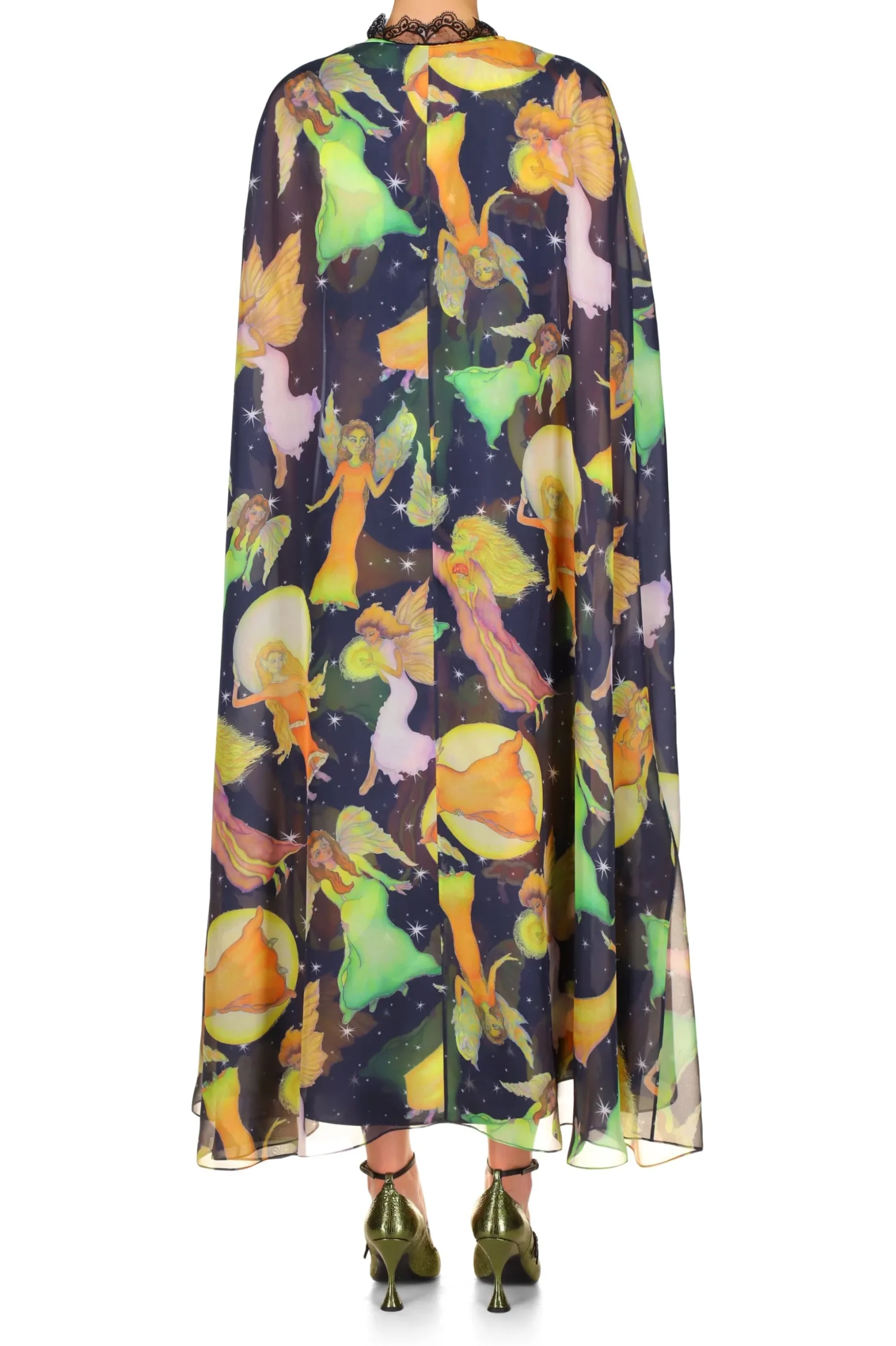 Midnight Fairy Printed Silk Chiffon And Satin Cape Dress