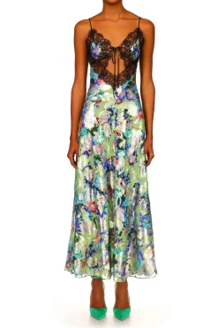Mint Floral Lurex Jacquard Dress With Black Lace