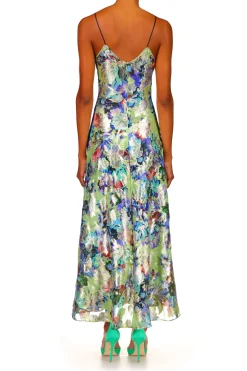 Mint Floral Lurex Jacquard Dress With Black Lace