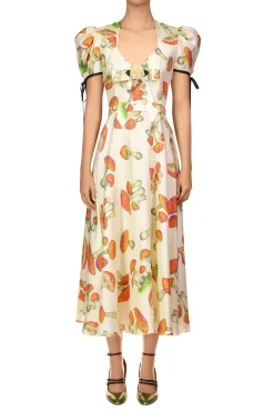 Mushroom Printed Twill Dress With Silk Flower
