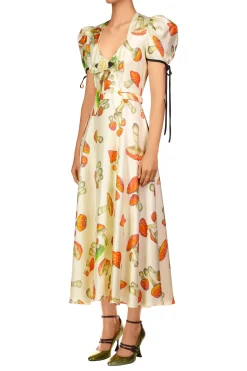 Mushroom Printed Twill Dress With Silk Flower