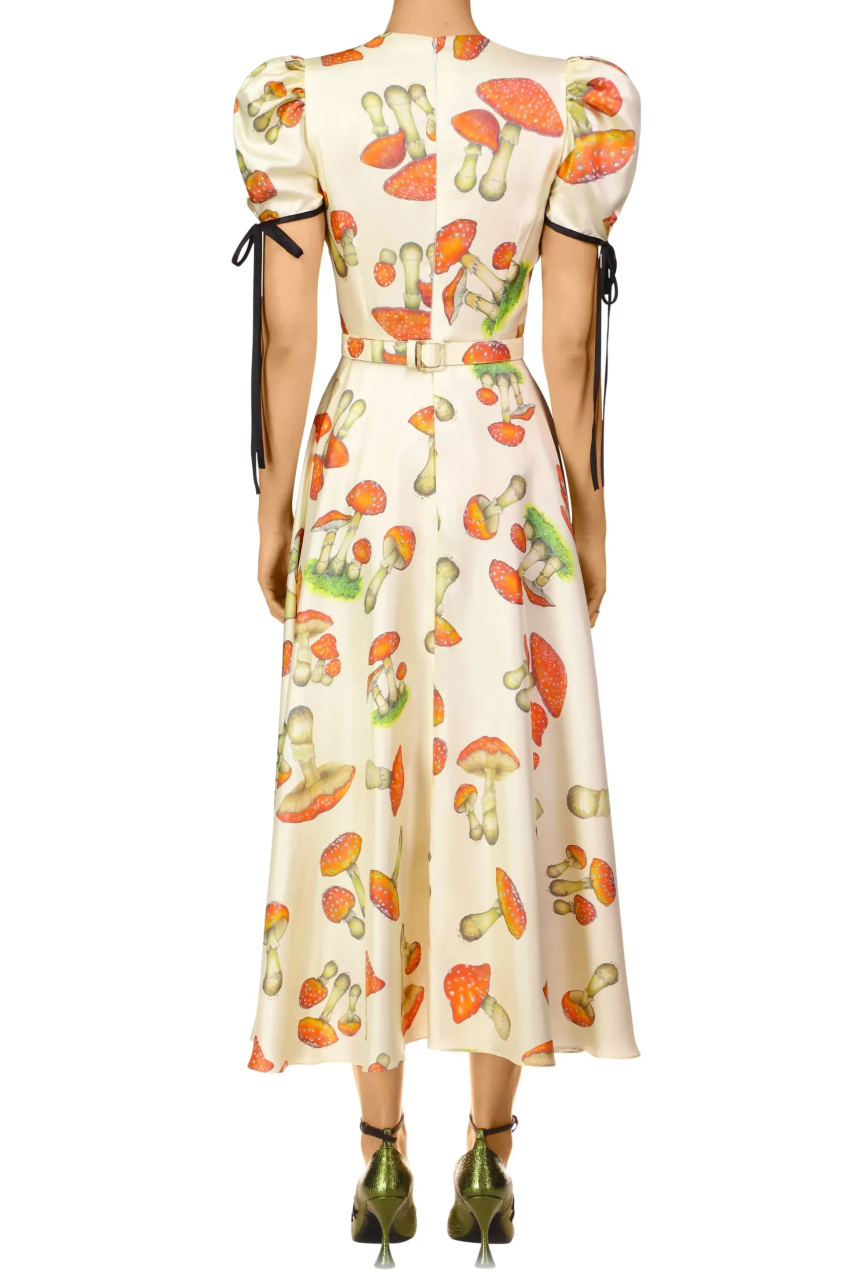 Mushroom Printed Twill Dress With Silk Flower
