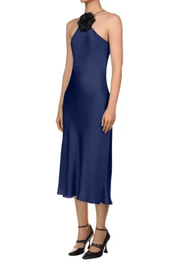 Navy Silk Satin Halter Dress With Flower