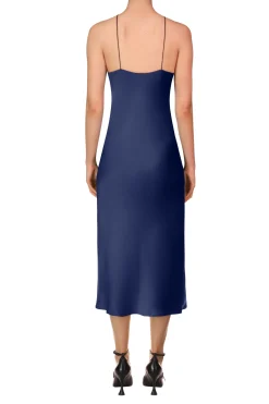 Navy Silk Satin Halter Dress With Flower