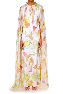 Off White Fairy Printed Silk Chiffon And Charmeuse Cape Dress