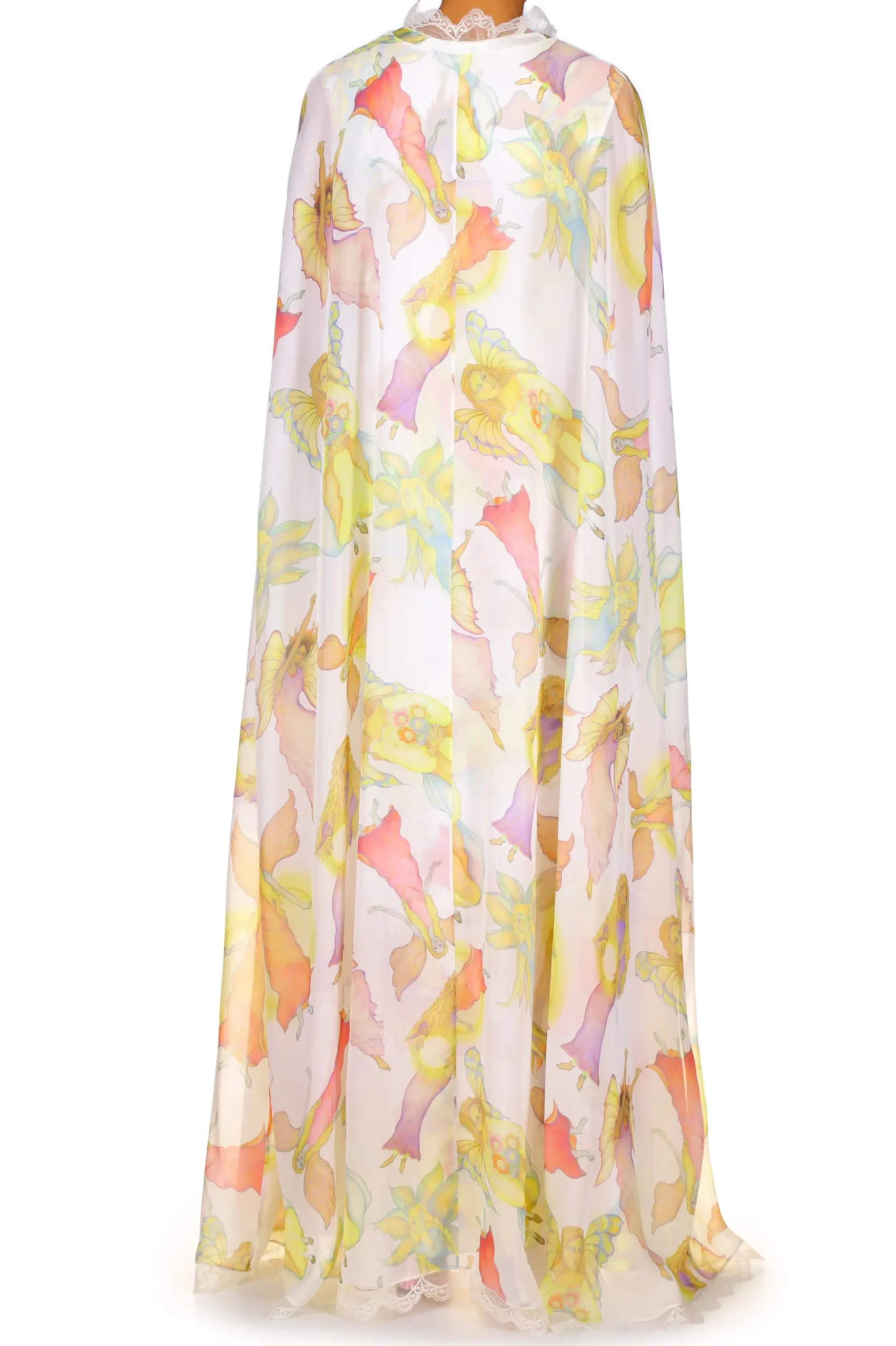 Off White Fairy Printed Silk Chiffon And Charmeuse Cape Dress