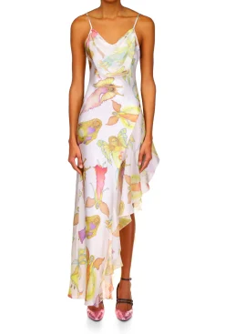 Off White Fairy Printed Silk Chiffon And Satin Asymetrical Cowl Neck Gown