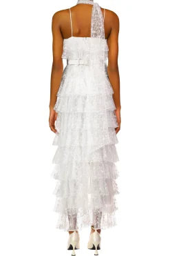 Off White Floral Tulle Tiered Ruffle Dress