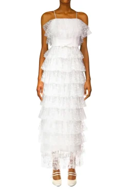 Off White Floral Tulle Tiered Ruffle Dress