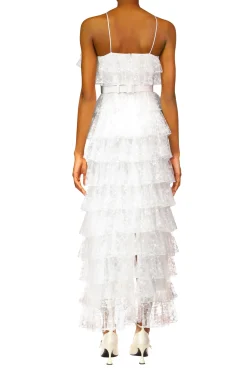 Off White Floral Tulle Tiered Ruffle Dress