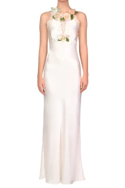 Off White Silk Bias Dress With Lace, Ruffle And Silk Flower Details