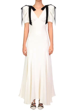 Off White Silk Crepe Bias Dress With Velvet Ribbon Bow Details