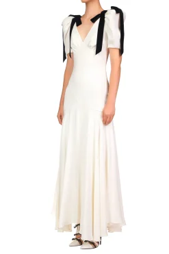 Off White Silk Crepe Bias Dress With Velvet Ribbon Bow Details
