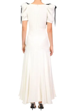 Off White Silk Crepe Bias Dress With Velvet Ribbon Bow Details
