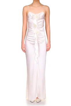Off White Silk Ruched Gown With Ruffle Detail And Silk Roses