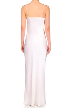 Off White Silk Ruched Gown With Ruffle Detail And Silk Roses