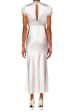 Off White Silk Satin Bias Dress With Lace And Ruffle Details