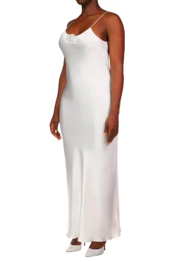 Off White Silk Satin Bias Slip Gown With Silk Flower