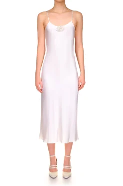 Off White Silk Satin Bias Slip With Silk Flower