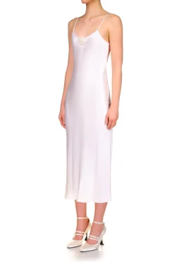 Off White Silk Satin Bias Slip With Silk Flower
